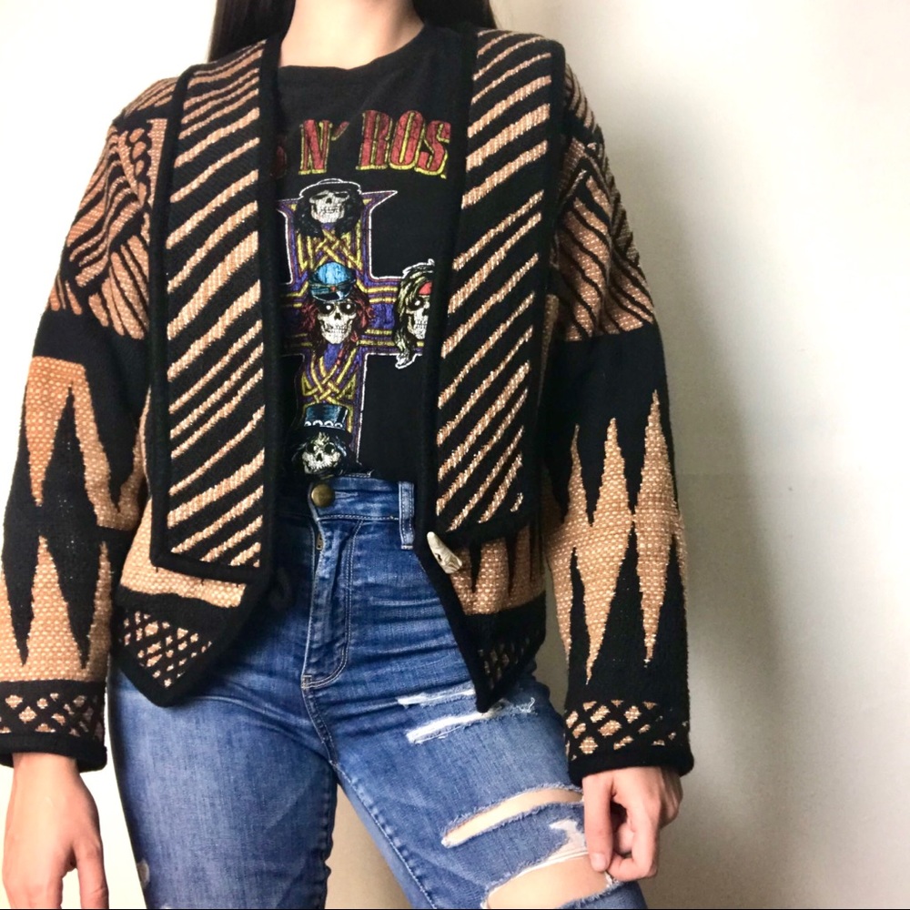 Black & Tan Patterned Knit Open Cardigan Jacket